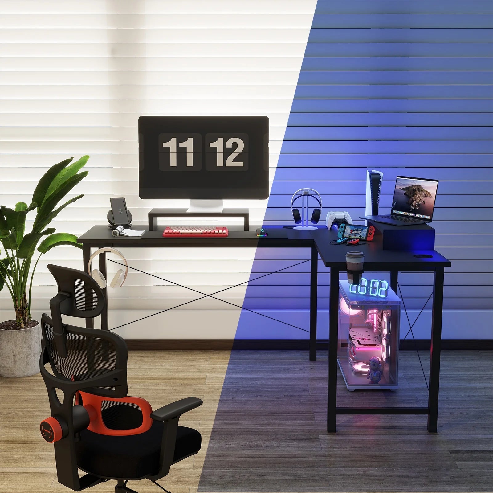 Level up your gaming setup with our sleek L-Shaped Desk featuring RGB lights and removable storage! 🖤✨ #GamingDesk #RGB #GameOn