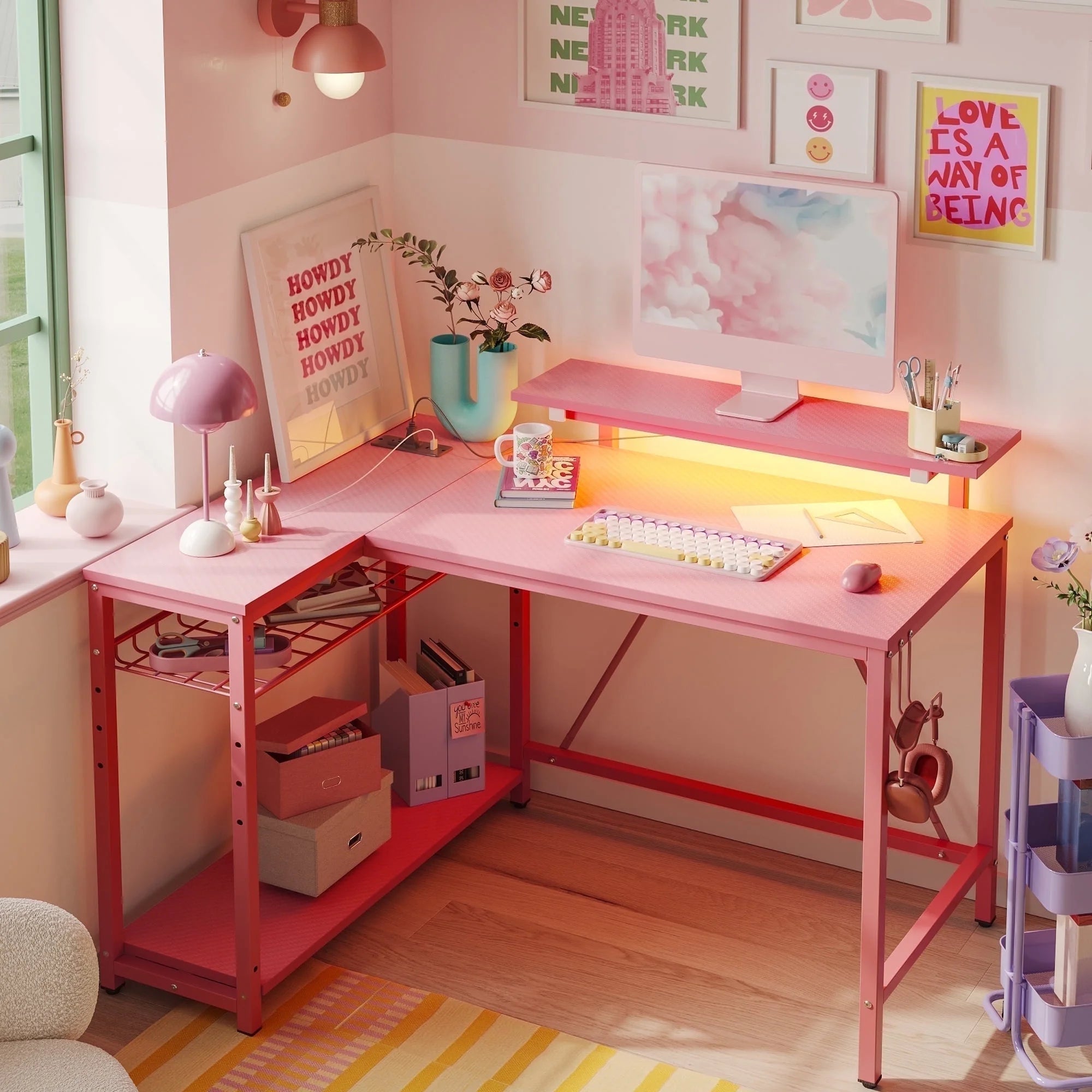 42" L Shaped Computer Desk with Power Outlets, Corner Office Desk with LED Lights & Monitor Stand, Reversible Shelves, Corner Desk for Small Spaces ,Bedrooms & Home, Carbon Fiber Pink