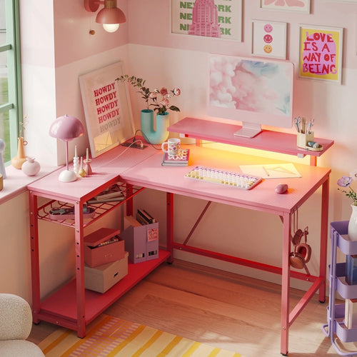 42" L Shaped Computer Desk with Power Outlets, Corner Office Desk with LED Lights & Monitor Stand, Reversible Shelves, Corner Desk for Small Spaces ,Bedrooms & Home, Carbon Fiber Pink