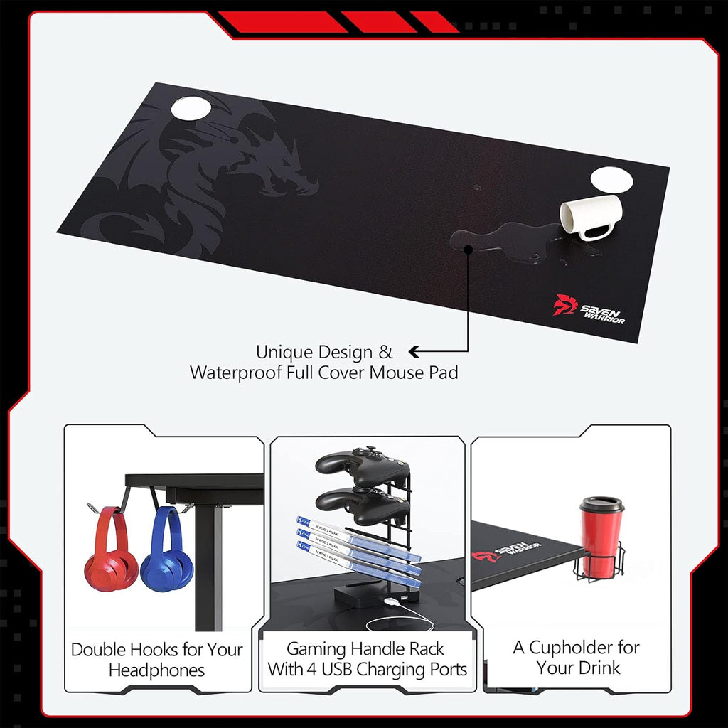 Gaming Desk 44 INCH, T- Shaped Carbon Fiber Surface Computer Desk with Full Desk Mouse Pad, Ergonomic E-Sport Style Gamer Desk with Double Headphone Hook, USB Gaming Rack, Cup Holder