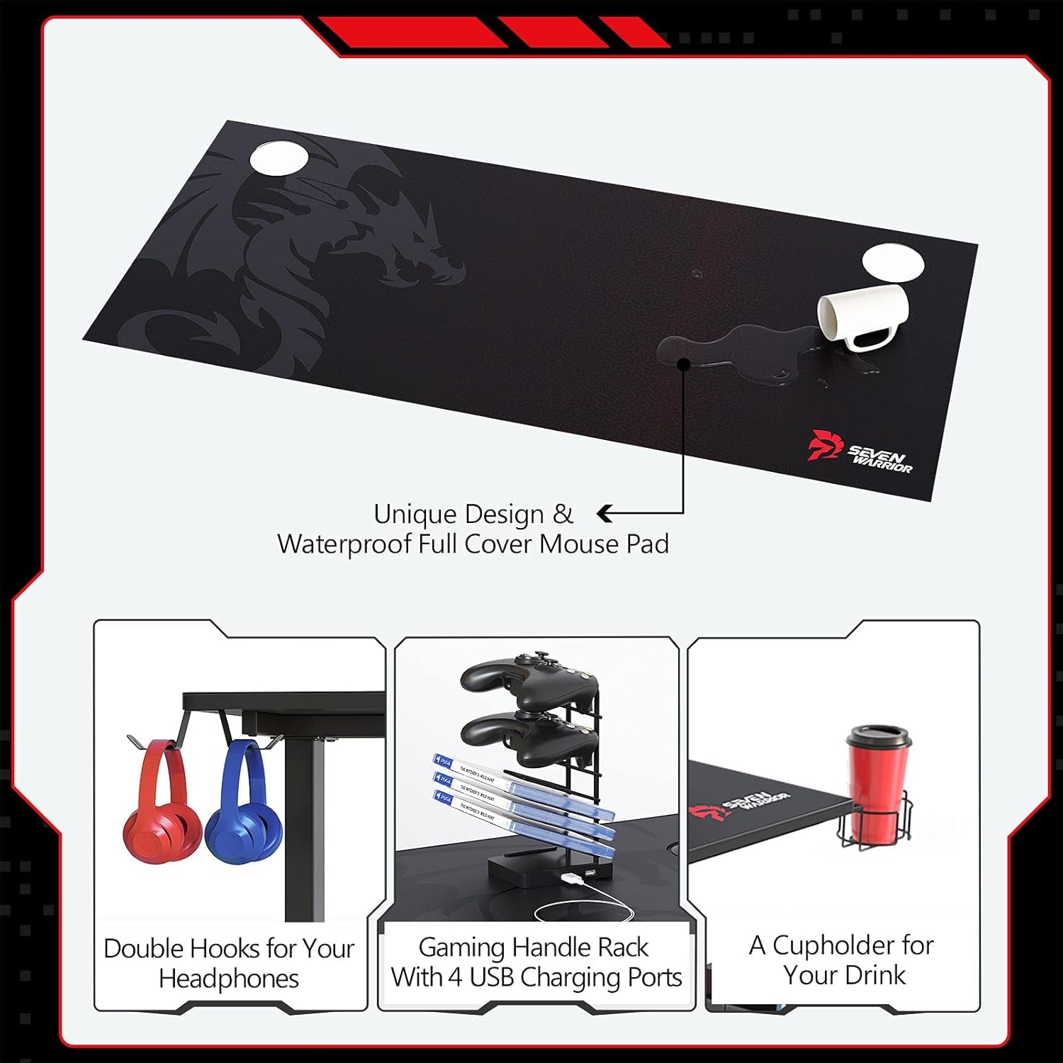 Gaming Desk 44 INCH, T- Shaped Carbon Fiber Surface Computer Desk with Full Desk Mouse Pad, Ergonomic E-Sport Style Gamer Desk with Double Headphone Hook, USB Gaming Rack, Cup Holder