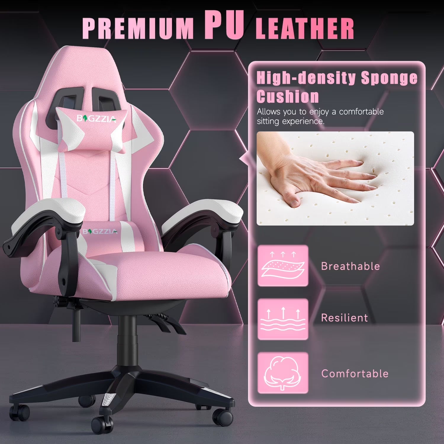 High-Back Gaming Chair Computer Racing Chair with Headrest and Lumbar Support for Back Pain, Pink