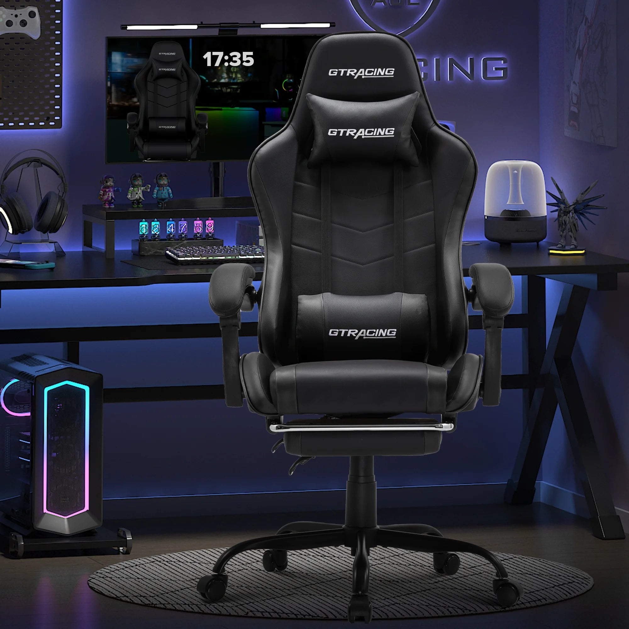 Ergonomic GTWD-200 Gaming and Office Chair with Adjustable Pillows and Footrest, Black