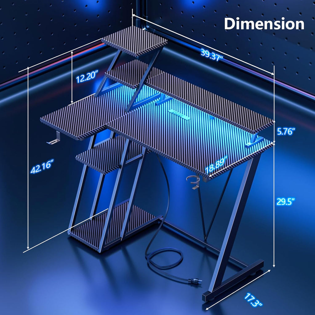 40" L-Shaped Gaming Desk with LED Lights & Power Outlet, Carbon Fiber Black