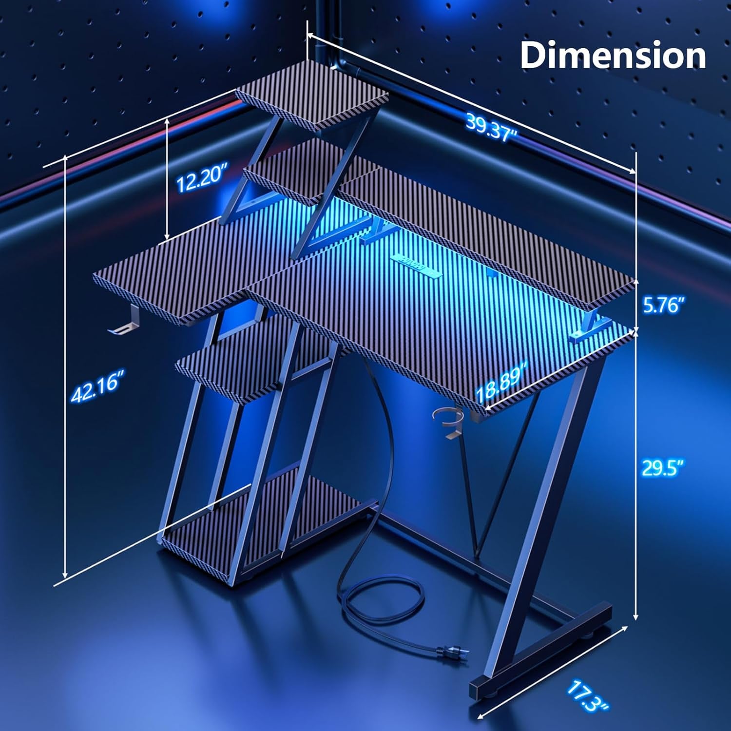 40" L-Shaped Gaming Desk with LED Lights & Power Outlet, Carbon Fiber Black