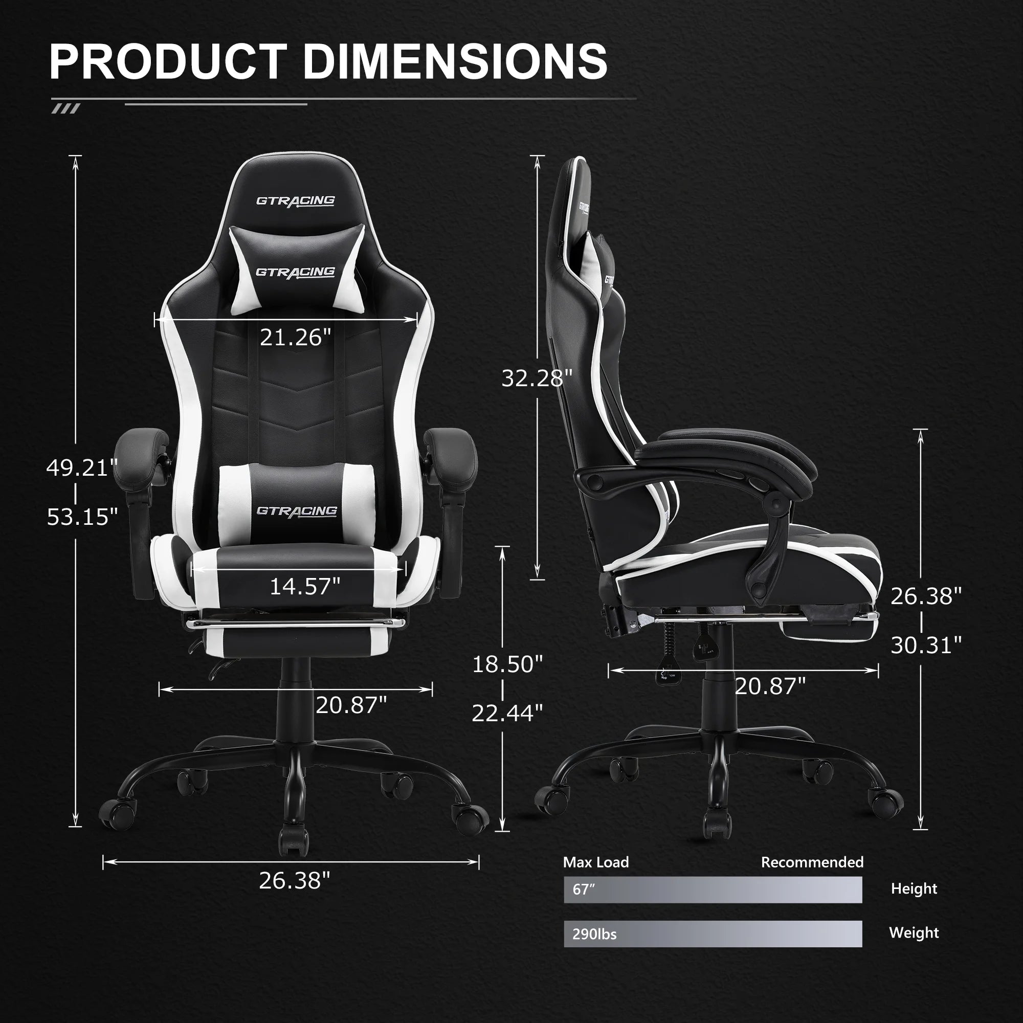 Ergonomic GTWD-200 Gaming and Office Chair with Adjustable Pillows and Footrest, White